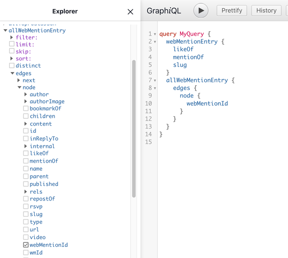 Add Data into Gatsby GraphQL: Graph i Q L screen capture, showing a query for Web mentions data fields.