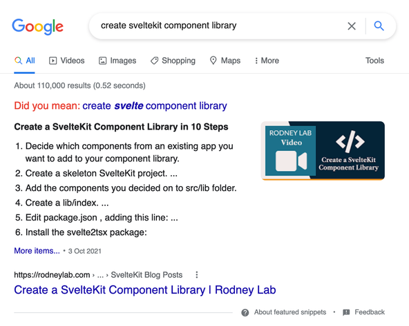 Adding Schema.org Markup to your SvelteKit Site:  Example of a featured snippet from Google search results. Shows a Rodney Lab page in results given prominence over other search results in a featured snippet.