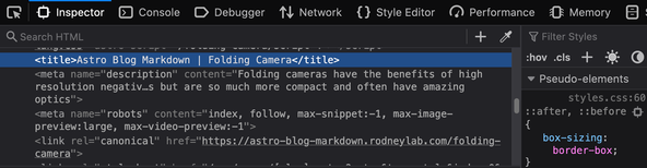Astro Blog: Astro Markdown Blog Starter: SEO screenshot shows meta description, title and canonical meta tags in browser dev tools.