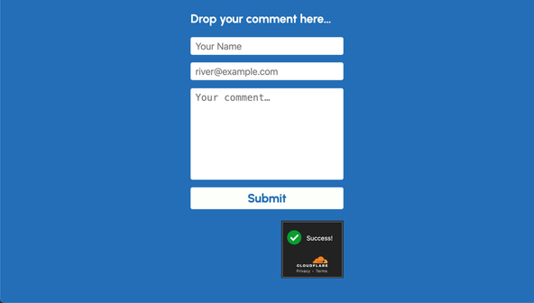 Astro Comment Form: Screen capture shows comment form with name, email, and comment fields. Below the submit button, you can see the Turnstile widget with a tick or check mark and the word success.