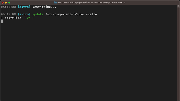 Astro Cookies API: Screen capture shows Terminal a console log for start Time of 2.