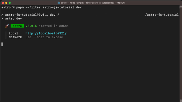 Getting Started with Astro: Terminal Screenshot: shows Astro version v0.25.2 running on http://localhost:3001/