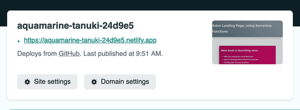 Astro Landing Page Form: Netlify Serverless Contact Form: Screenshot of Netlify console showing a link for the built site.