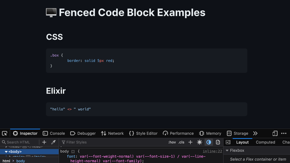 Astro Markdoc: Screen capture shows Firefox developer tools open with dark mode selected.  Within the main browser window, there are CSS and Elixir code blocks with light text on a dark background.