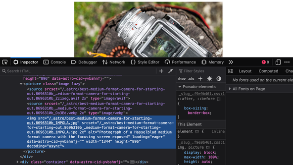 Astro Picture Component: Screen capture shows Firefox developer tools open with an img element highlighted in the Inspector.  That i m g tag is within a picture tag which also contains source tags for A V I F and Web P image alternatives.