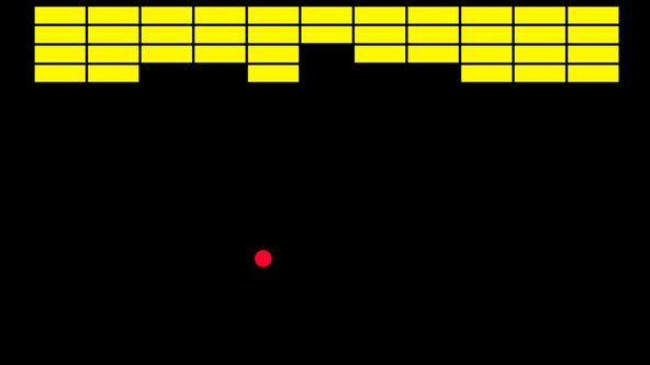 C++ Game Dev Libraries — Arkanoid clone — screen capture shows red ball, which bounces off the window walls and occasionally collides with rows of yellow bricks arranged at the top of the screen, destroying them on contact.
