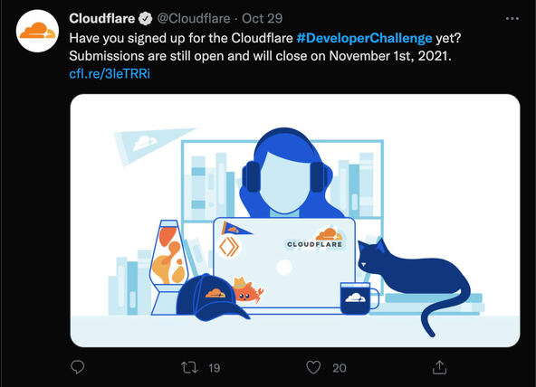 Tweet from @Cloudflare mentioning that submissions for the challenge close on 1 November 2021 and including the #DeveloperChallenge (developer challenge) hashtag.