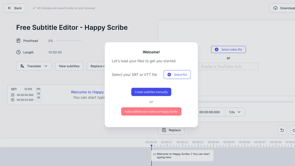 Creating Whisper Video Captions: Screen capture shows input dialogue for uploading a V T T or S R T file on the Happy Scribe site`