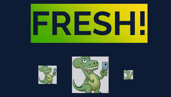 Deno Fresh Responsive Images: Screen capture shows three images of a dinosaur at different sizes