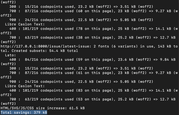 Deno Fresh Stack: Screen capture shows the output from the sub font tool. Although it increases HTML/CSS by 61.5 kB, by reducing font bytes shipped, net it saves 379 kB