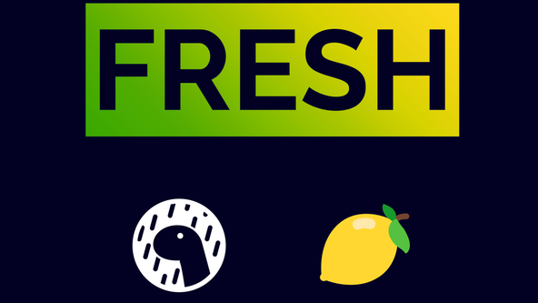 Deno Fresh SVG Sprites: Screen capture shows a website with a Deno logo and a lemon icon.  The Deno icon depicts a black dinosaur head in profile with a rainy backdrop, in a cartoon style. The lemon is yellow, with two green leaves and a short stalk.
