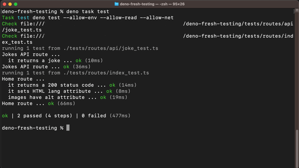 Deno Fresh Testing: Screen capture shows output from running Deno test in the Terminal, with all tests (one test on the Jokes A P I route and all three on the home route) passing.