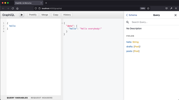 Fastify GraphQL API Stack: screen capture shows GraphiQL with query in left pane, response in the middle and schema docs on the right