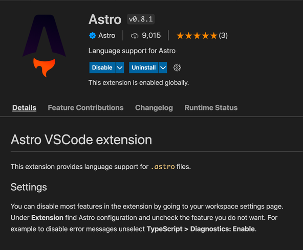 Getting Started with Astro: VS Code Extension: Screenshot shows V S Code extension in the Extensions window of V S Code. Title is Astro, 9015 downloads are shown and version is v 0.8.1.  Publisher is Astro.