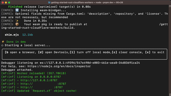 pnpm dev: screenshot shows Terminal with output showing the worker is listening on 0.0.0.0:8787