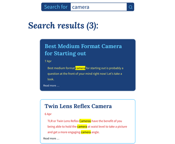 Highlight Search Results: What we're Building - screen capture showing search results as a box for each result.  The boxes contain summaries related to the post they represent. The word camera, also in the search box, is highlighted in the summaries.