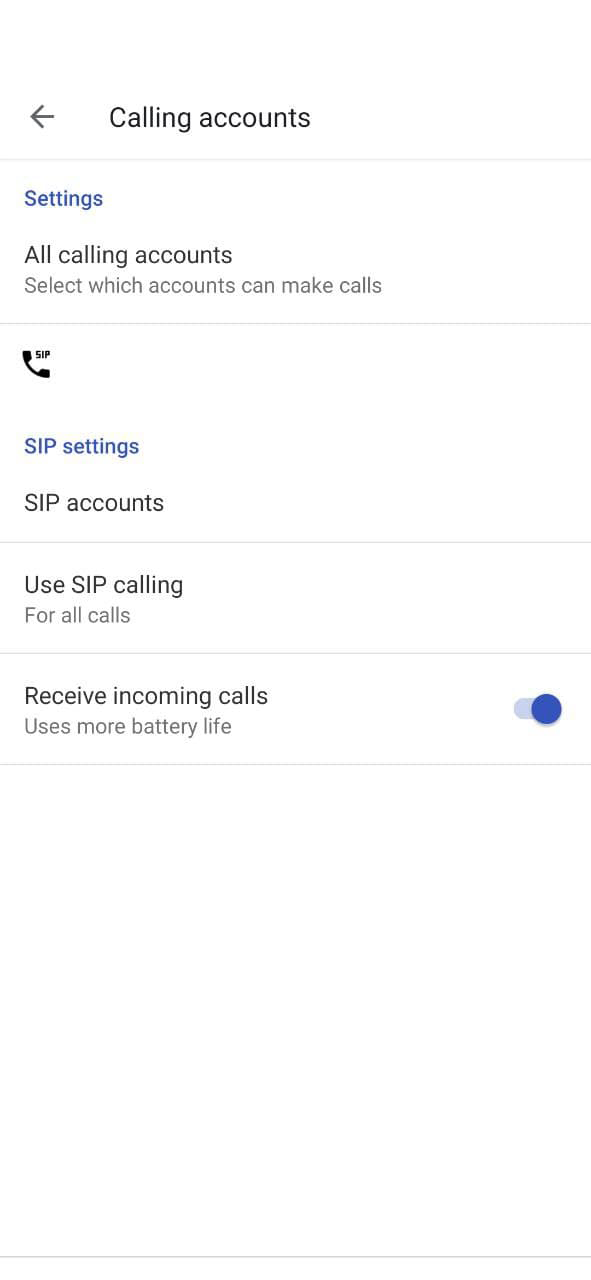 How to make Android VoIP Calls with Telnyx: Screen Capture: Image shows Calling accounts menu in Phone app, with SIP accounts appearing towards the middle.