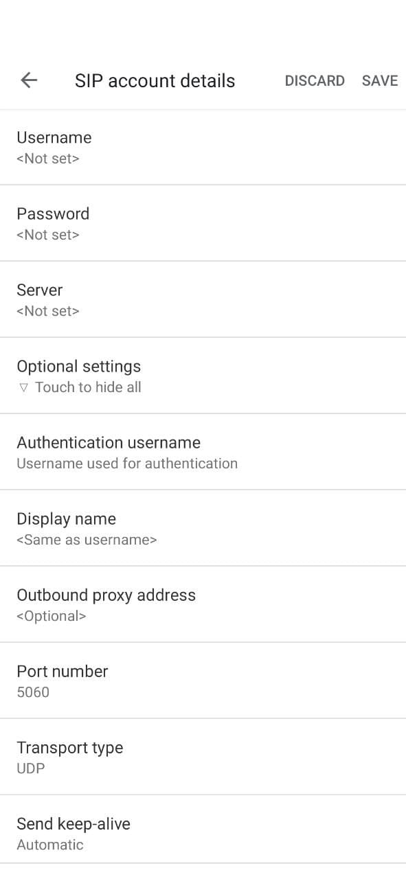 How to make Android VoIP Calls with Telnyx: Screen Capture: Image shows SIP account details screen with form fields for Username, Password, and Server and an Optional setting expandable menu (collapsed).