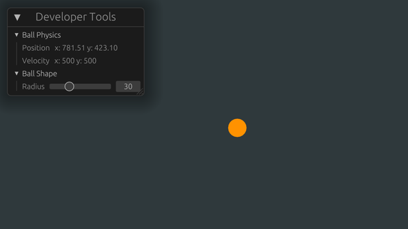 Macroquad egui Dev Tools: a carrot-coloured ball floats in the middle of a window on a screen capture.  The window has a gunmetal coloured background.  In the top left corner of the window sits a panel title "Developer Tools"; it has two sections.  The Ball Physics section gives the current x and y values of the ball position and velocity.  The lower Ball Shape section has a slider for controlling the ball radius.