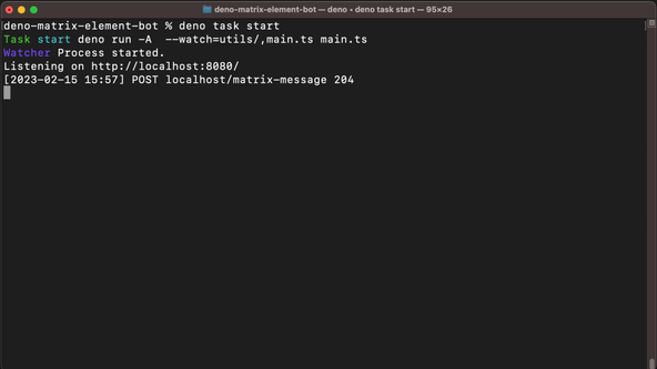 Matrix Message Relay Bot: screen capture shows the Terminal with a Deno server running at http://localhost:8080.  Log shows the date and time a POST request was received.