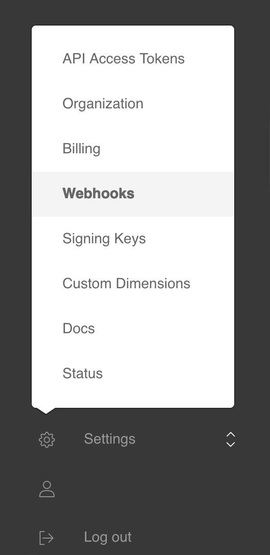 Mux Serverless Webhook Updates: Mux Dashboard Webhooks Menu: Screenshot shows Settings menu expanded with Webhooks from that menu focussed