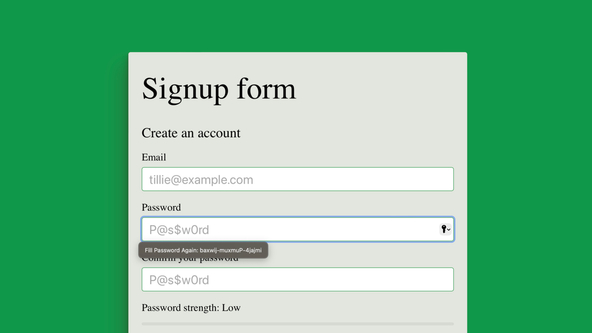 Svelte Login Form Example: Screen capture shows a login form with an  added drop down in the password field and an offer to generate and sore a strong password.