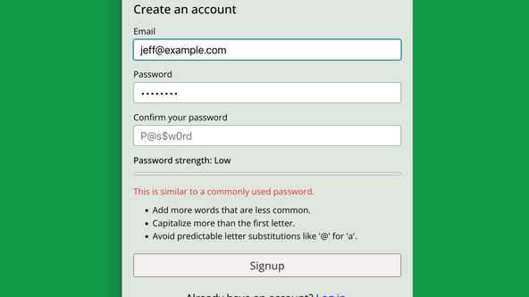Svelte Login Form Example: Screen capture shows a login form with a warning that the entered password is similar to a commonly used password and three hints for improvements.  The second hint is to capitalize more that the first letter.
