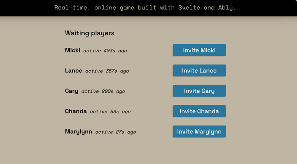 Svelte Real-time Multiplayer Game: Screen capture shows lobby for game with five players present. For each player, you see their name and an adjacent button for inviting them to play.