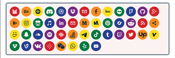 Svelte Social Icons — icons shown for 47 popular social networks in rainbow colours each icon has background set to one of the six rainbow colours and colours alternate in sequence.