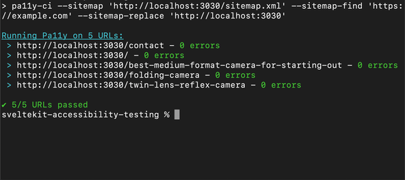 SvelteKit Accessibility Testing: Output from test:pa11y script.  Shows 5 tests run, each passing with no errors.