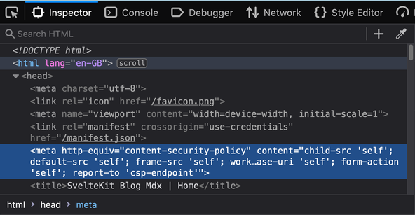 SvelteKit Content Security Policy: Screenshot shows browser dev tools with Inspector open and the Content Security Policy meta tag added by Svelte Kit visible.