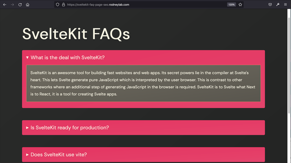 SvelteKit FAQ Page SEO: Image shows an F A Q page with the first question expanded, and another two question collapsed.