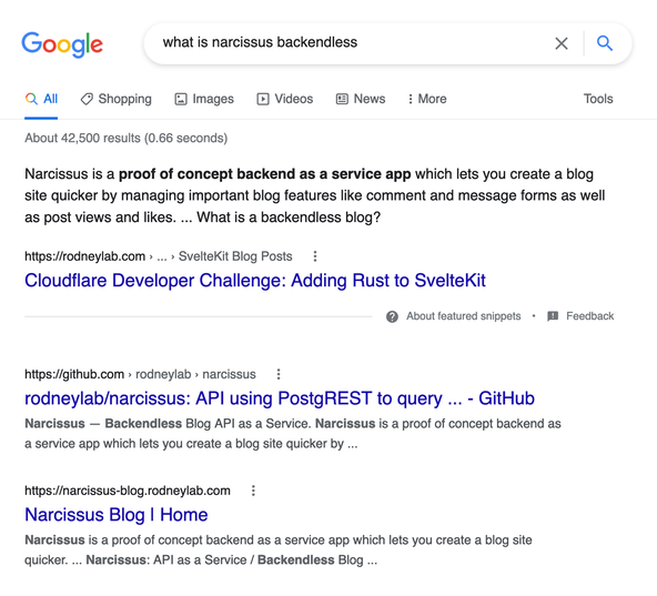 SvelteKit FAQ Page SEO: image search Google result page for the query What is narcissus backendless.  At the top of the results is a paragraph  of text as a feature snippet directly answering this question.