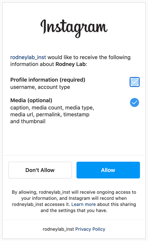 SvelteKit Infinite Scroll: Screenshot: Instagram A P I key: image is a screenshot of an authorization screen.  User can select level of authorization and click Allow on Don't Allow.