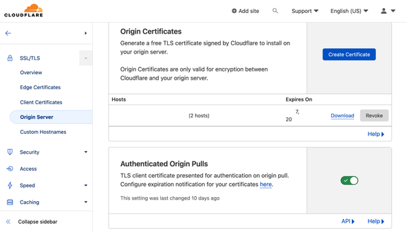SvelteKit Node App Deploy: Screen capture of Cloudflare console shows S S L / T L S section with Origin Server Selected. In the main window, under Origin Certificates, there is a large Create Certificate button in the top section. IN the bottom section titled Authenticated Pulls, a tick or check mark is visible.
