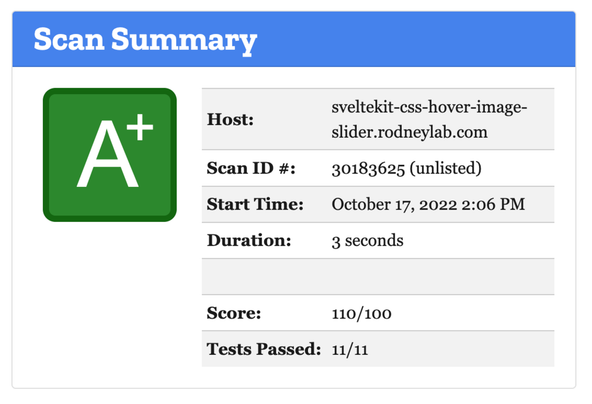 SvelteKit Node App Deploy: Screen capture shows Mozilla Observatory result. Result is A+ with a score of 110/100 and Tests Passed in 11/11.