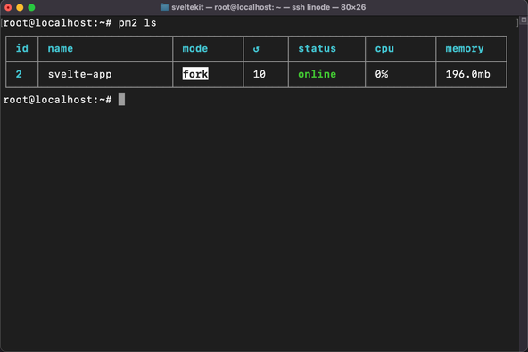 SvelteKit Node App Deploy: Screen capture shows Terminal result of running pm2 ls. svelte-app is listed as online.