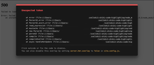 SvelteKit Shiki Syntax Highlighting: Error: Screenshot shows Unexpected token error.