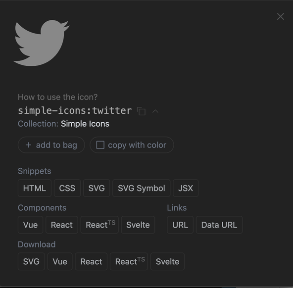 SvelteKit SVG Icons: screenshot from Icônes site shows the simple-icons:twitter short code for the selected icon