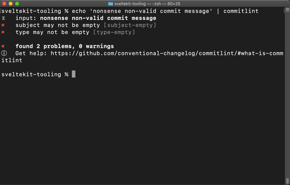 SvelteKit Tooling:  Commitlint screenshot show output from commitlint lint with non-valid commit message. Response says subject must not be empty and type must not be empty.