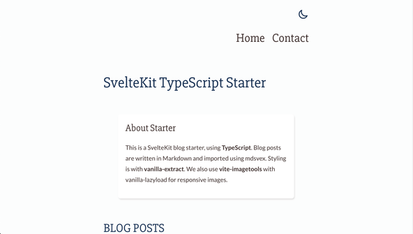 SvelteKit TypeScript vanilla-extract Starter: Screen shot of starter homepage in browser, shows Light / dark mode toggle and Home and Contact navigation links.