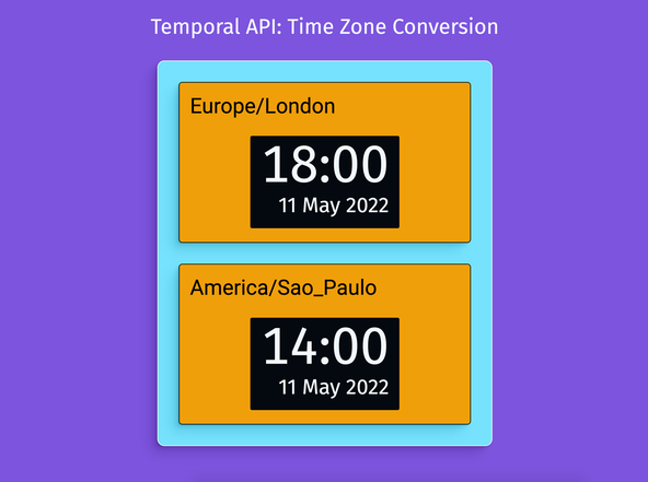 Temporal API Time Zones: Screenshot: image shows time at 18:00 for the Europe/London time zone and 14:00 for America/Sao Paulo