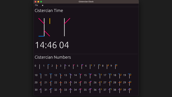 Trying egui: Screenshot shows Cistercian Clock app running, Int he main window, you see the 24-hour clock time as 14:46:04, below that same time represented compactly in colourful lines in Cistercian notation.  Further down a section titled Cistercian Numbers offers a cheat sheet for converting between the two number systems.