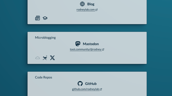 Trying out Leptos: screenshot of microblogging widget shows Mastodon featured, with a link.  Below are buttons, each with just a logo.  The logos are for Bluesky, Nostr and X (previously Twitter)