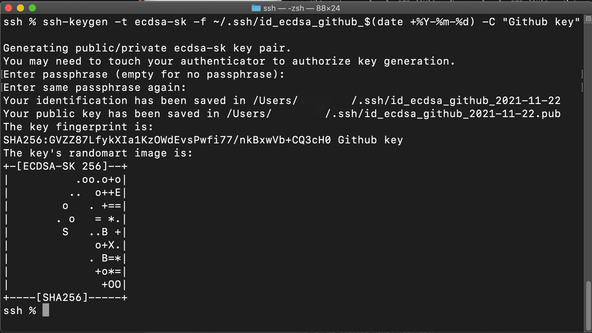Using FIDO U2F for GitHub SSH: using Secure Keys: Terminal: user has entered the ssh-keygen command listed below and output shows You may need to touch your authenticator to authorize key generation. Enter passphrase (empty for no passphrase):  Enter same passphrase again:  .  Paths to the public and private keys in ~/.ssh folder are also shown.