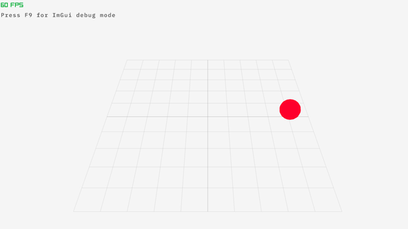 Using Jolt with flecs: screen capture shows a red sphere sitting on a large wireframe grid, in the centre of the screen.  At the top, left there is a rendering frames per second readout.  Below that, text reads 'Press F 9 for I m G u i debug mode'.