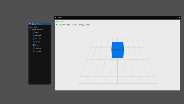 Using raylib with Dear ImGui: screen capture shows a blue cube sitting on a large wireframe grid, in the centre of a large panel.  A smaller panel sits to the left of the main one.  This smaller panel has a list of colours with blue (matching the colour of the cube) selected.  At the top, left of the main panel, there is a rendering frames per second readout.  Below that, text reads 'Press F 9 for I m G u i debug mode'.