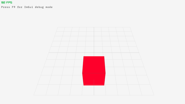 Using raylib with Dear ImGui: screen capture shows a red cube sitting on a large wireframe grid, in the centre of the screen.  At the top, left there is a rendering frames per second readout.  Below that, text reads 'Press F 9 for I m G u i debug mode'.
