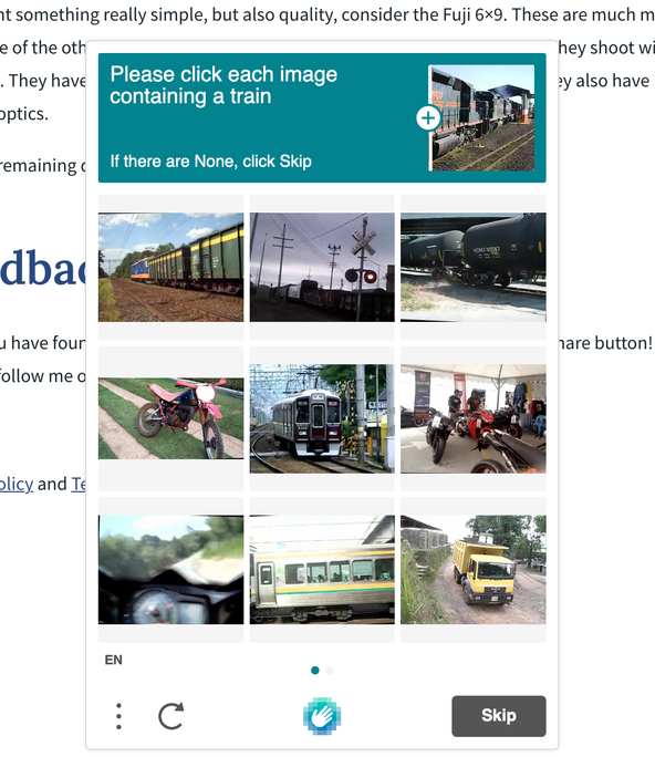 Using Rust Cloudflare Workers: Test client - h captcha where user must identify pictures with a train. 9 images are shown.